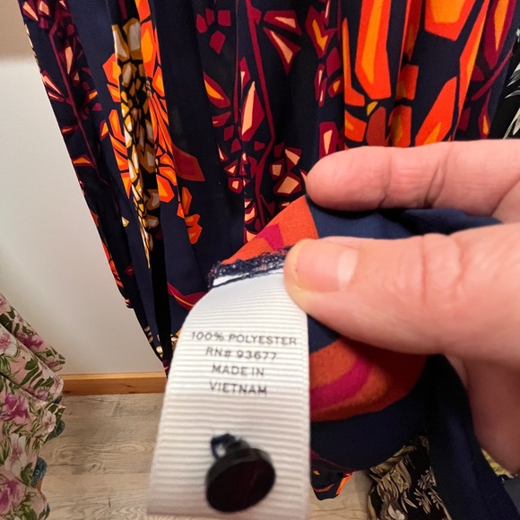 STYLUS Navy Floral Tie-Neck Blouse with Orange & Cream Accents - Picture 7 of 7